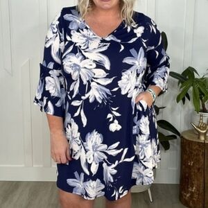 Sew In Love 2X Bell Sleeve Blue & White Flower Dress